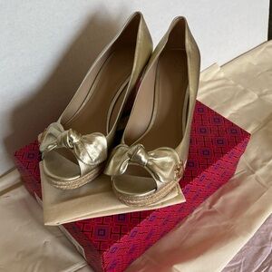 Tory Burch Gold Peep-Toe Wedge Shoes